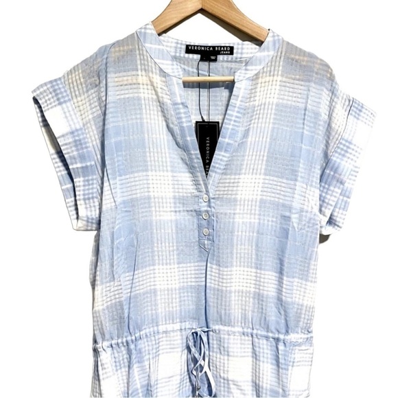 Veronica Beard NWT Short Sleeve Tie Waist Plaid Hanne Mini Dress Blue Size L - Picture 3 of 10